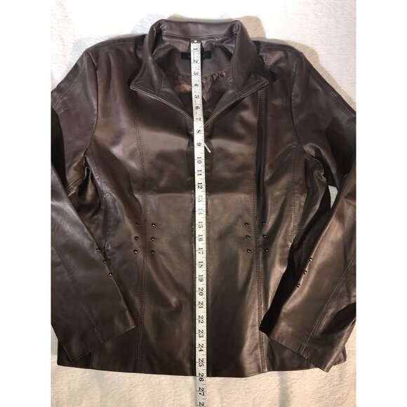 Siena Studio Women's Brown Zip Studded Leather Moto Jacket - Picture 5 of 9